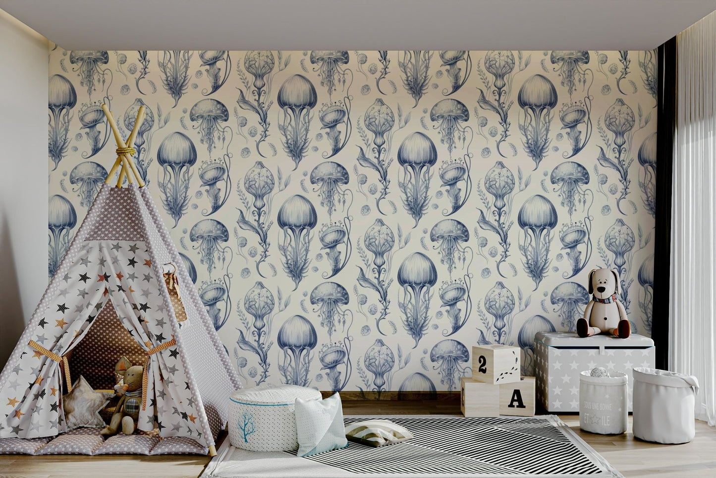 Soft Delft Blue & Cream jellyfish design wallpaper for walls, GD2268