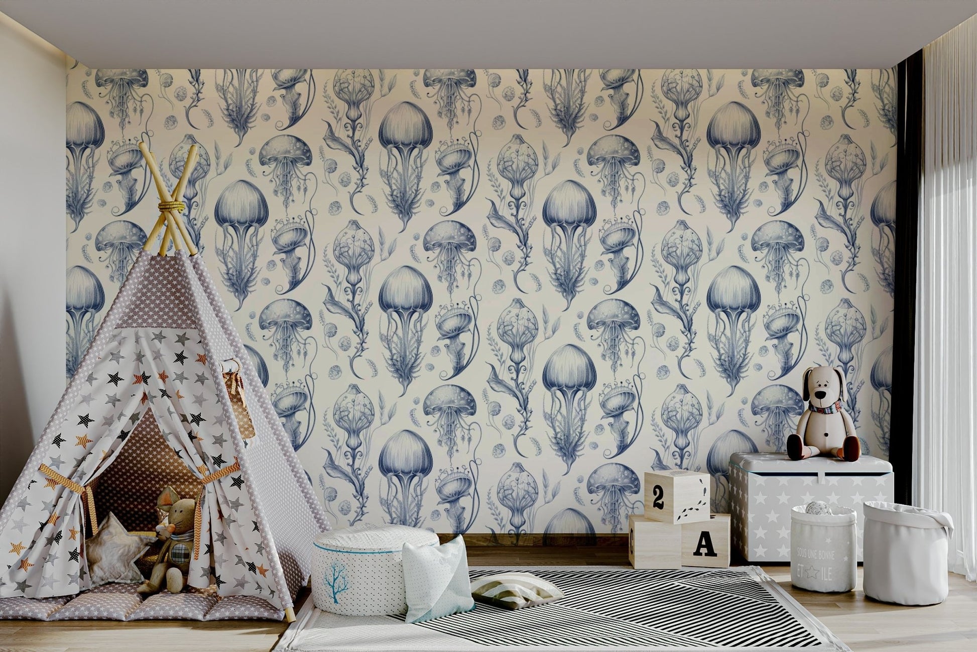 Soft Delft Blue & Cream jellyfish design wallpaper for walls, GD2268