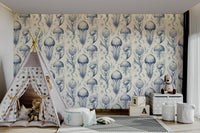 Soft Delft Blue & Cream jellyfish design wallpaper for walls, GD2268