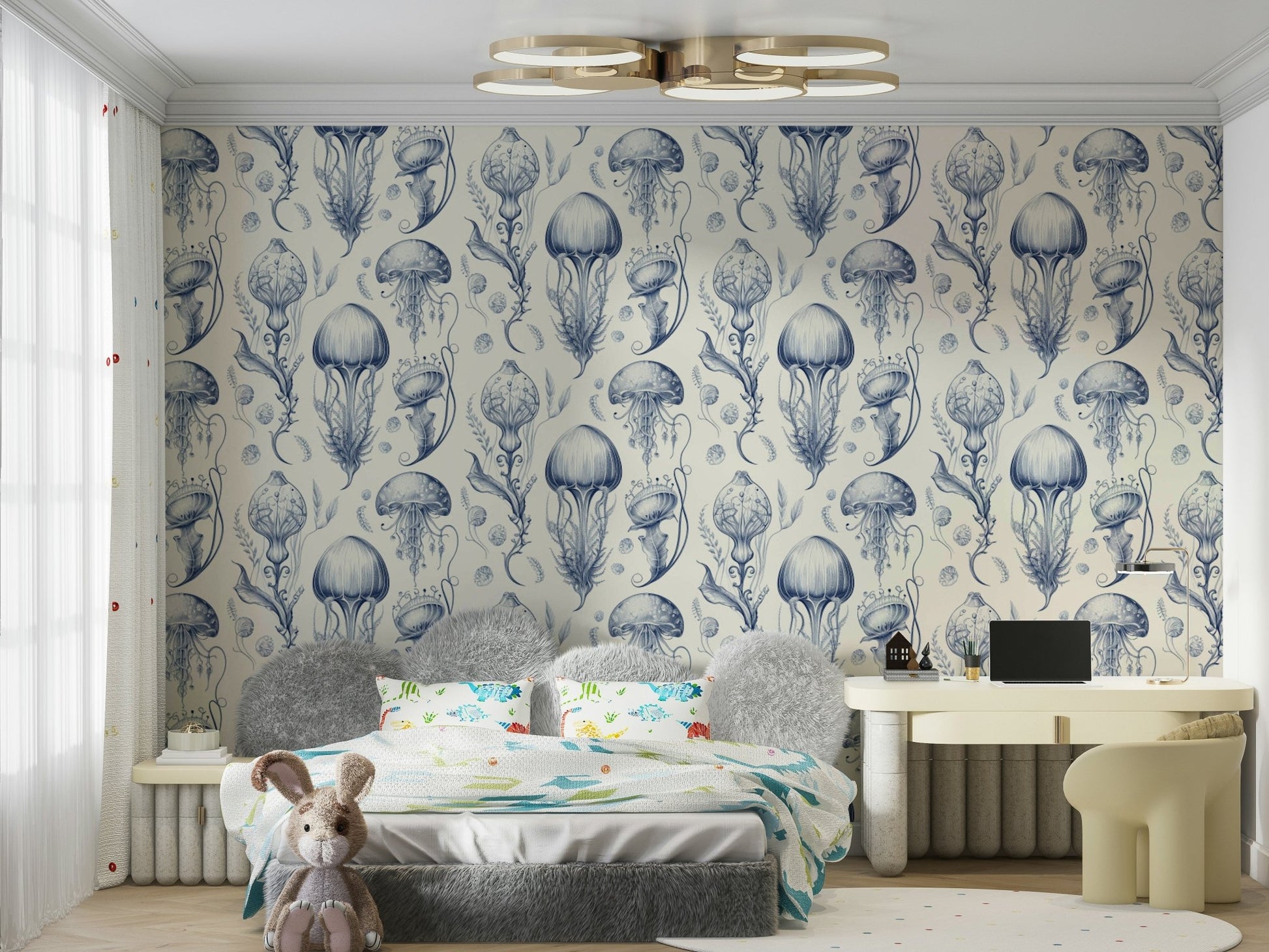 Serene jellyfish pattern wallpaper in Delft Blue & Cream, GD2268