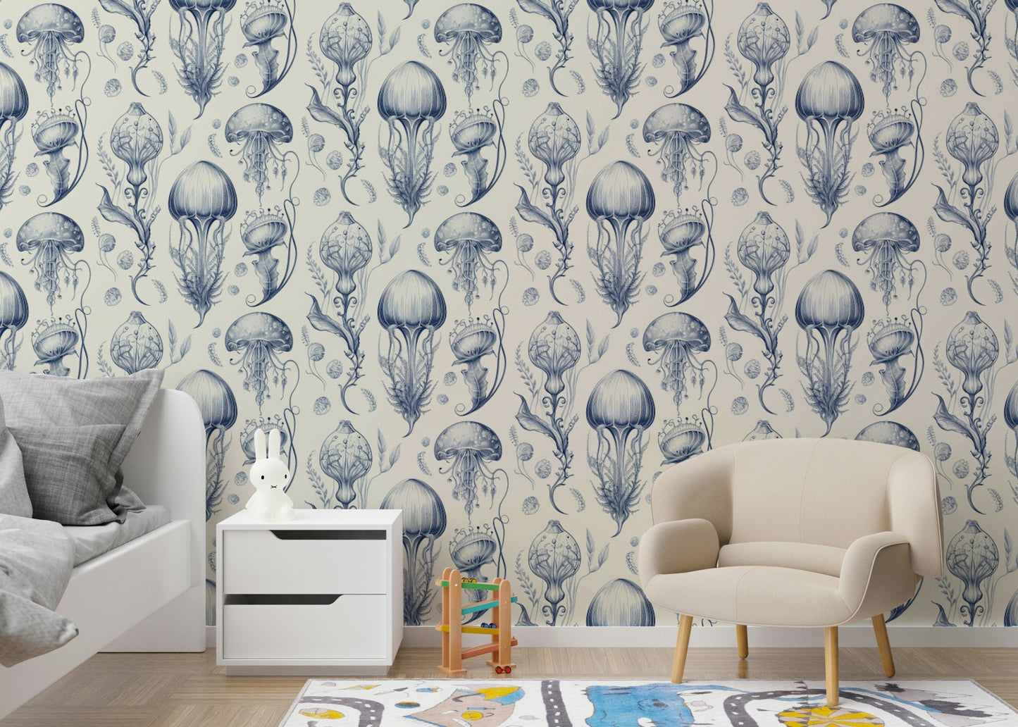Classic blue and white jellyfish print wallpaper

