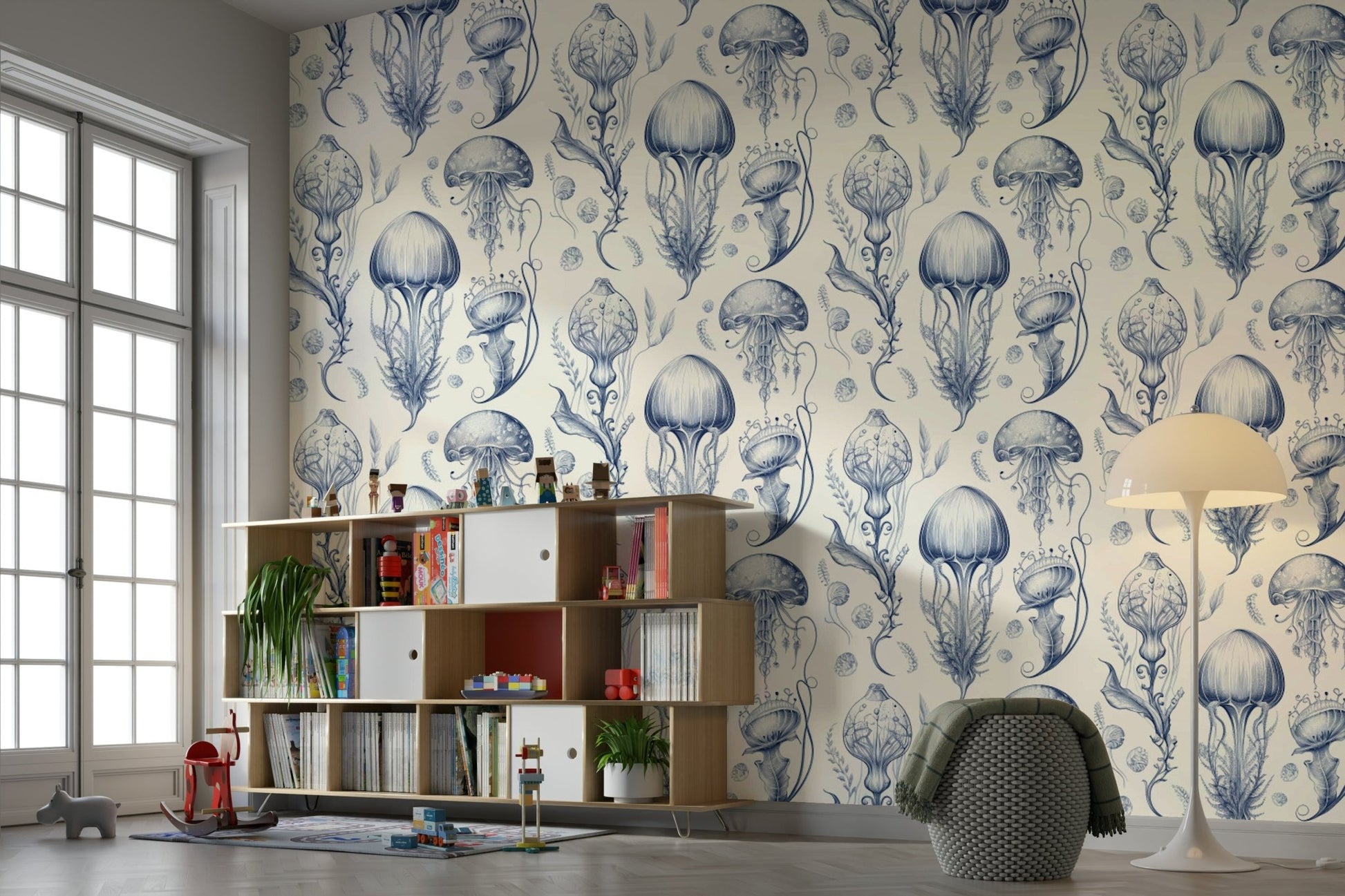 Modern ocean mural in blue and white jellyfish pattern

