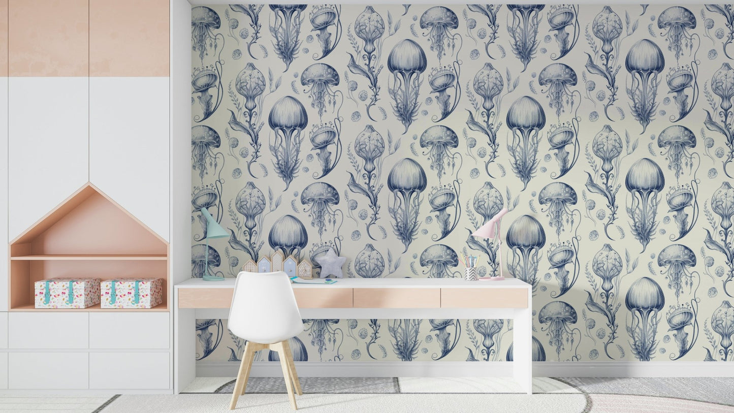 Jellyfish wallpaper in classic Dutch blue design

