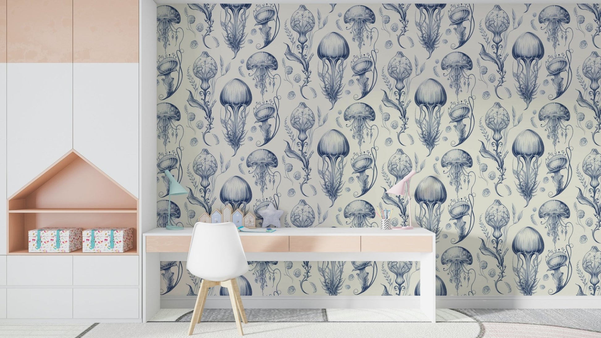 Jellyfish wallpaper in classic Dutch blue design

