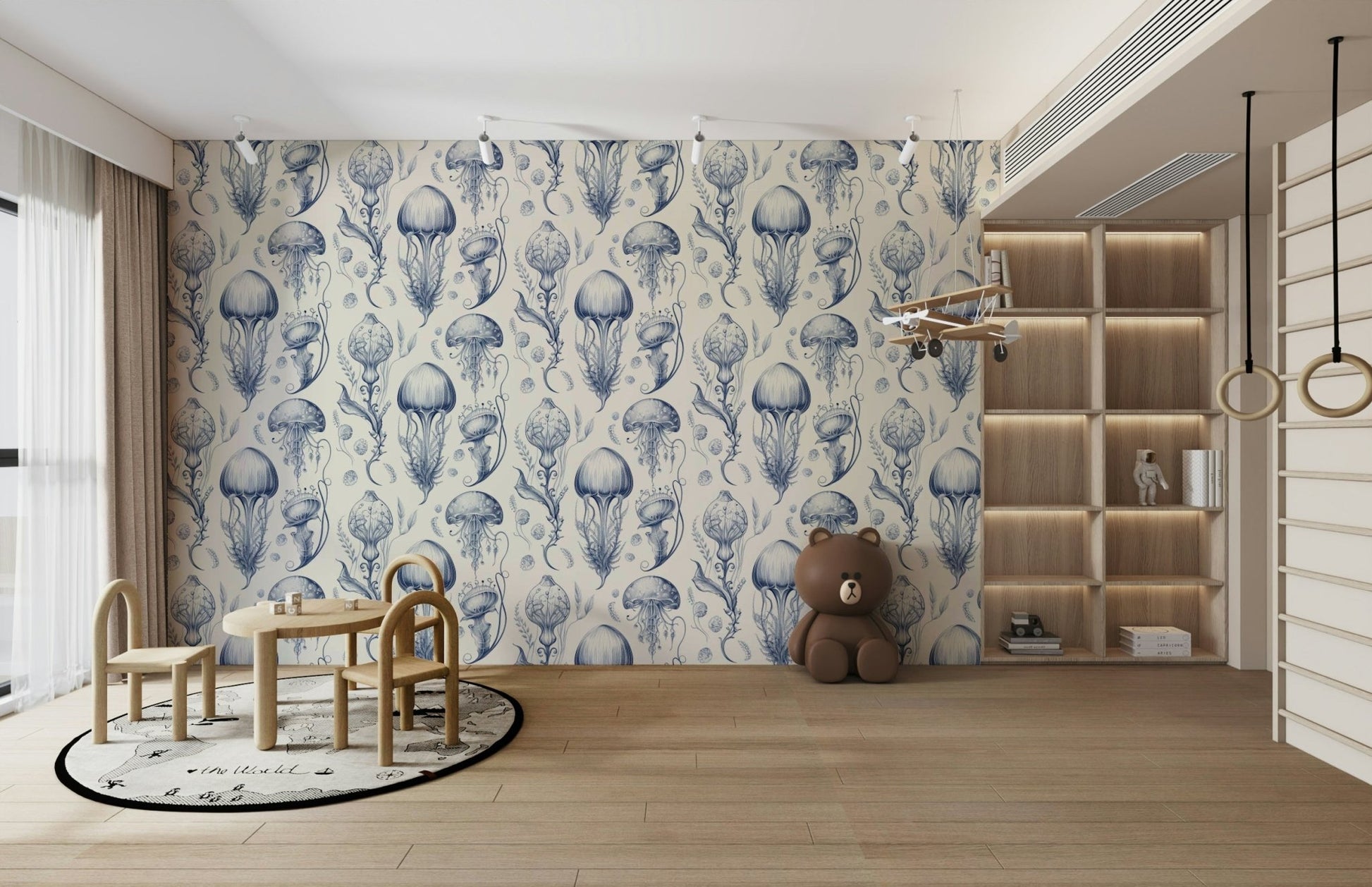 Floating jellyfish in artistic blue ink style

