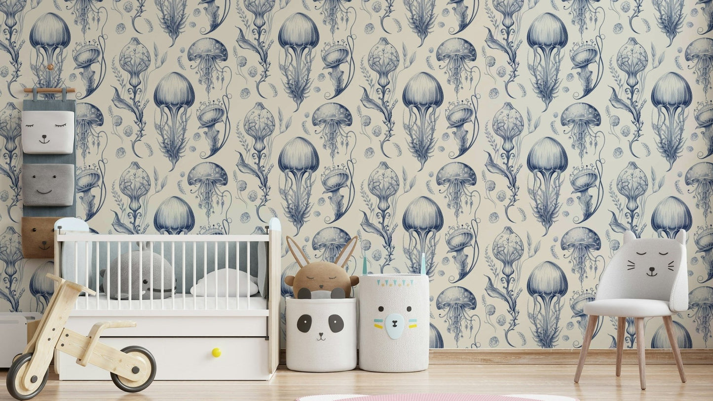 Delft blue jellyfish wallpaper with marine elegance

