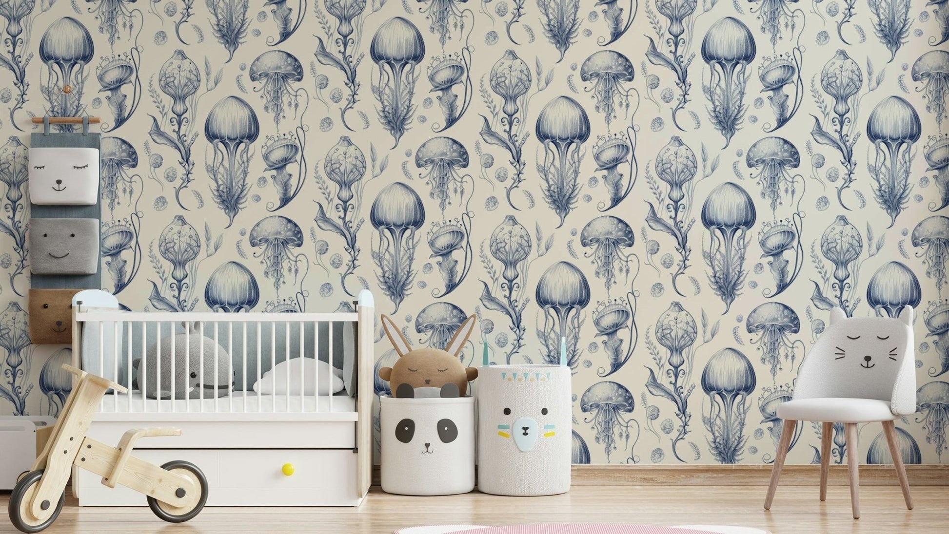Delft blue jellyfish wallpaper with marine elegance

