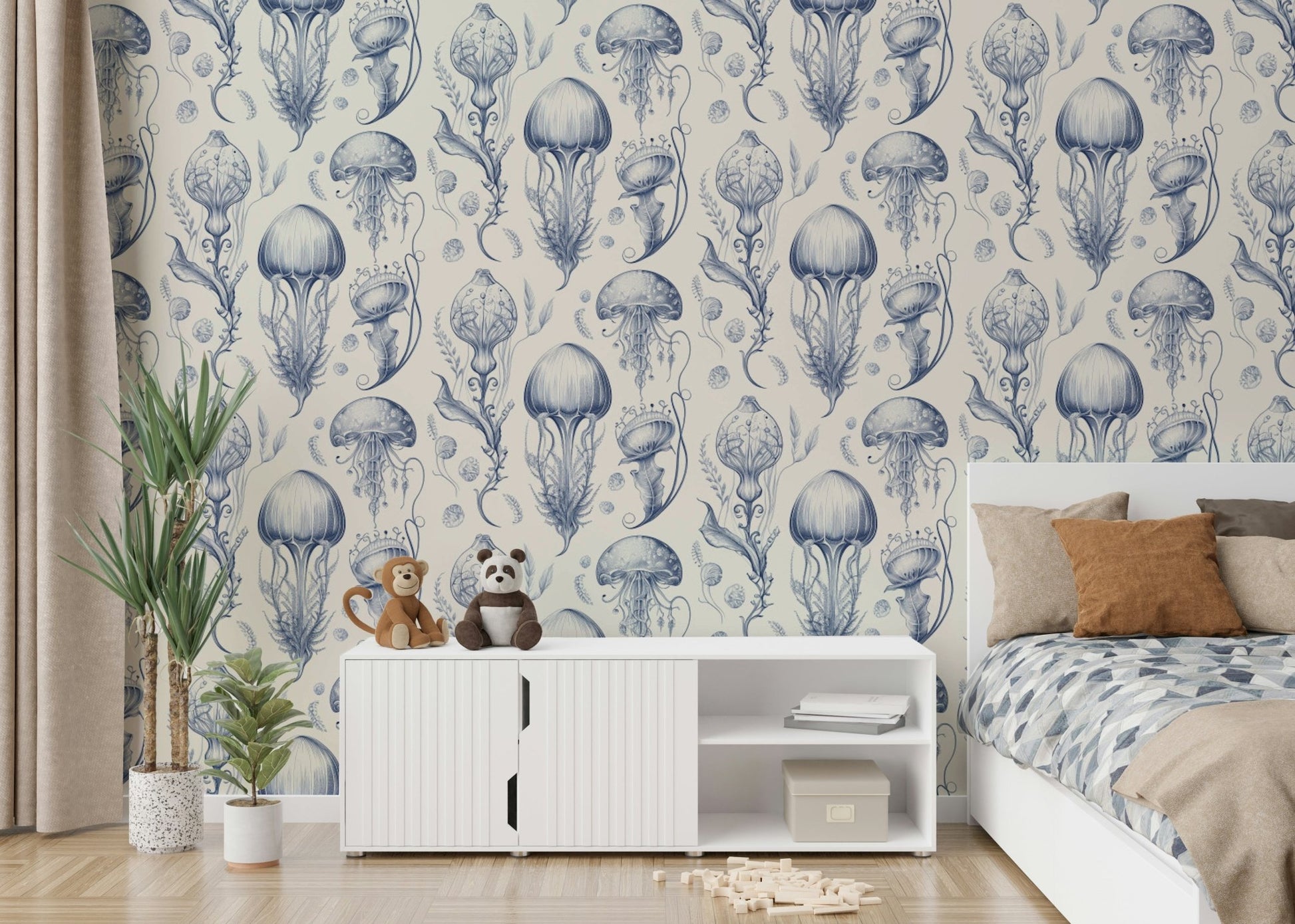 Underwater-themed wallpaper in Delft blue tones

