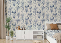 Underwater-themed wallpaper in Delft blue tones

