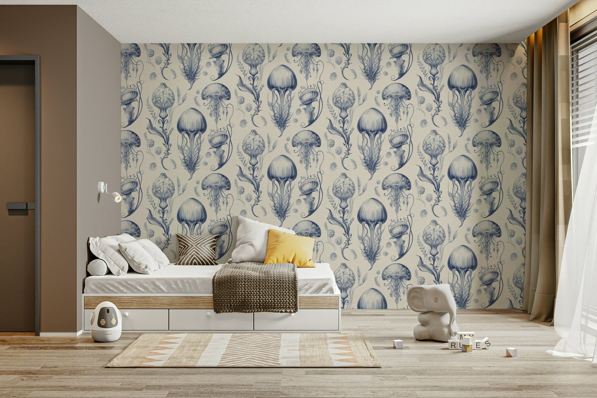 Close-up of Delft blue jellyfish illustration

