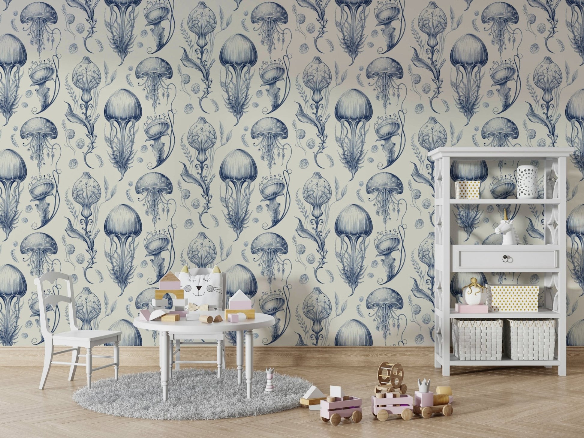 Elegant living room with Delft blue sea wallpaper

