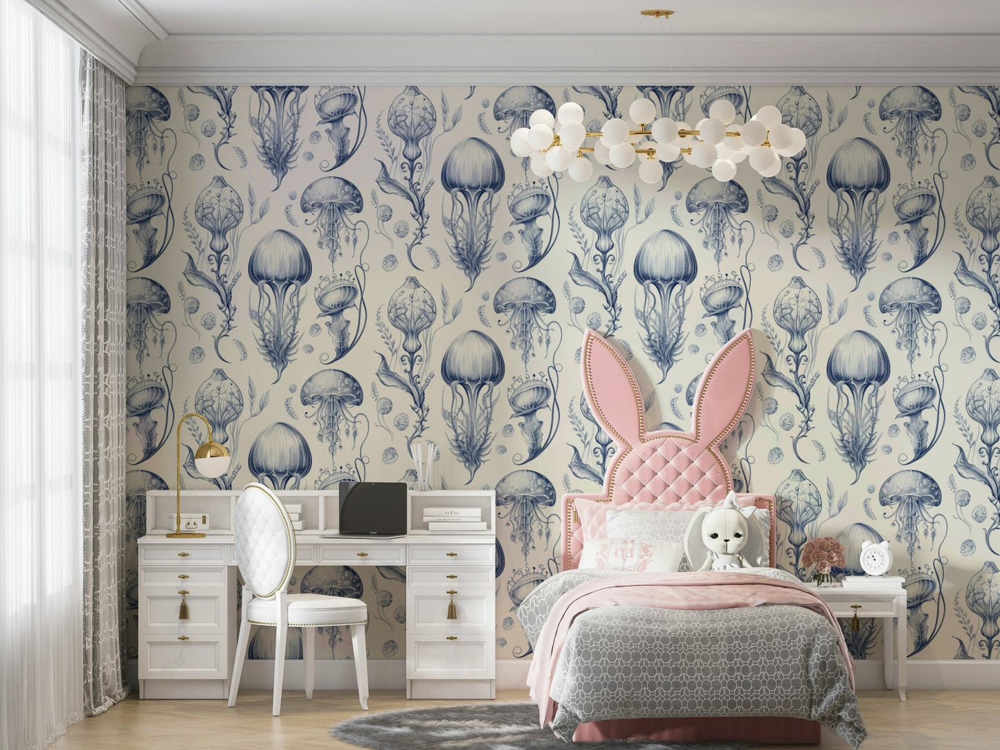 Nautical-inspired wallpaper with jellyfish in Delft hues

