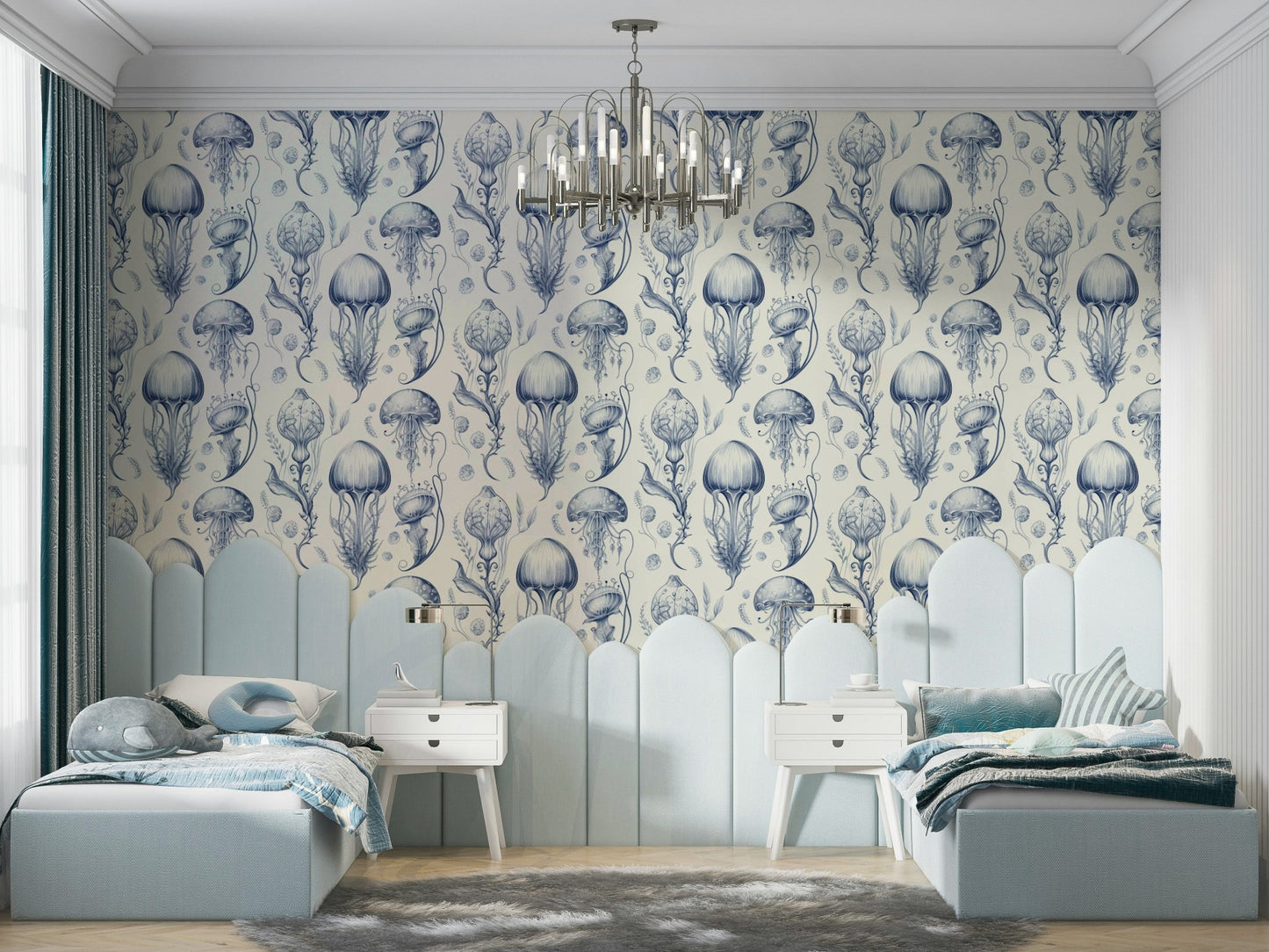 Coastal décor wall with blue jellyfish wallpaper

