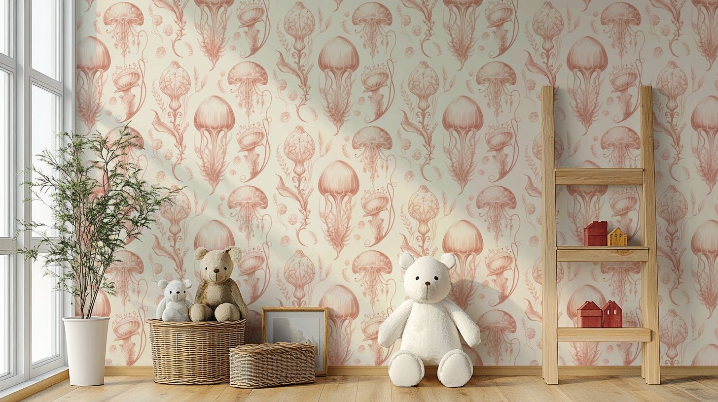 Delicate jellyfish wallpaper in peach and cream for walls

