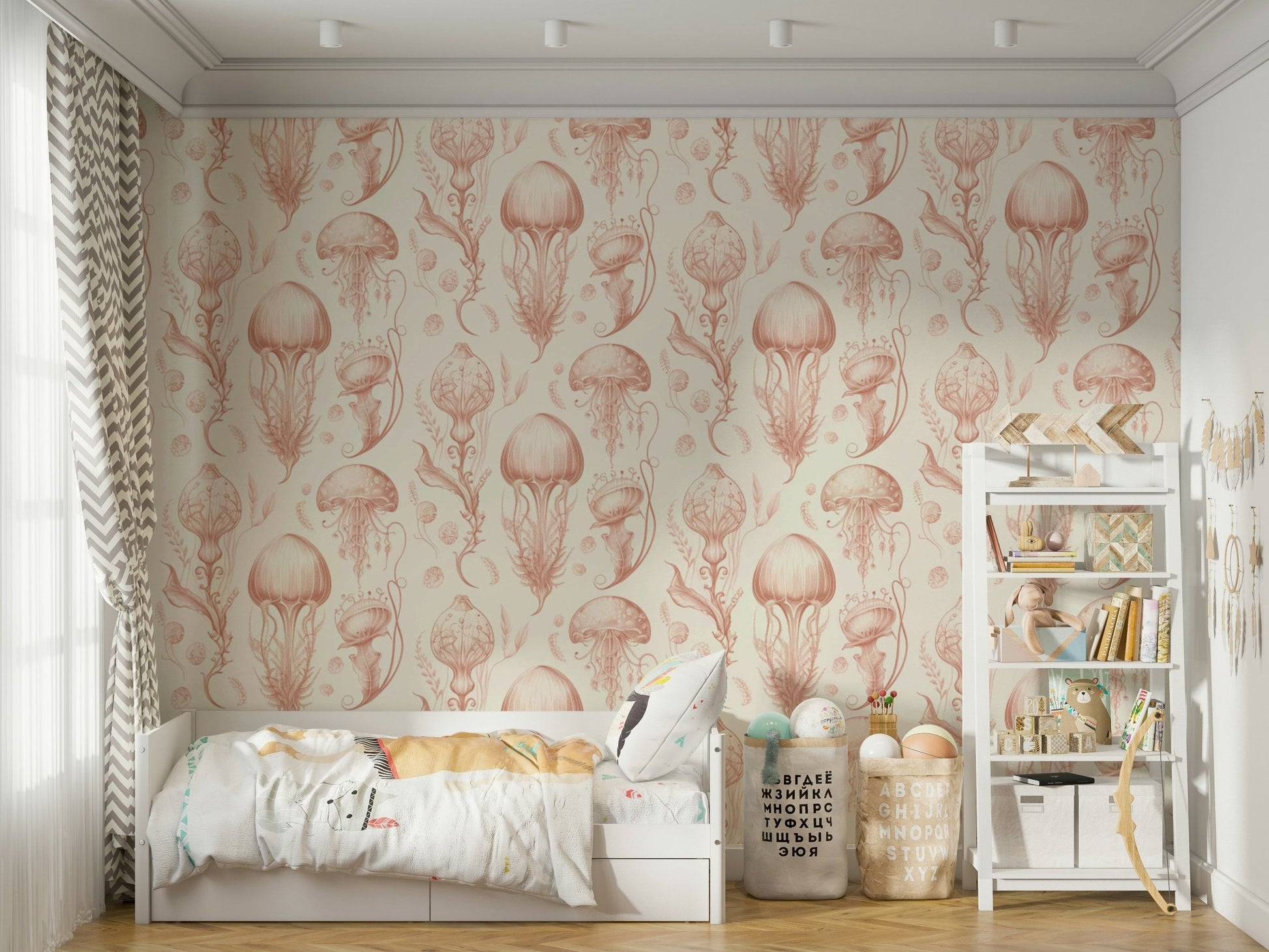 Tranquil jellyfish wallpaper in peach and cream for bedrooms

