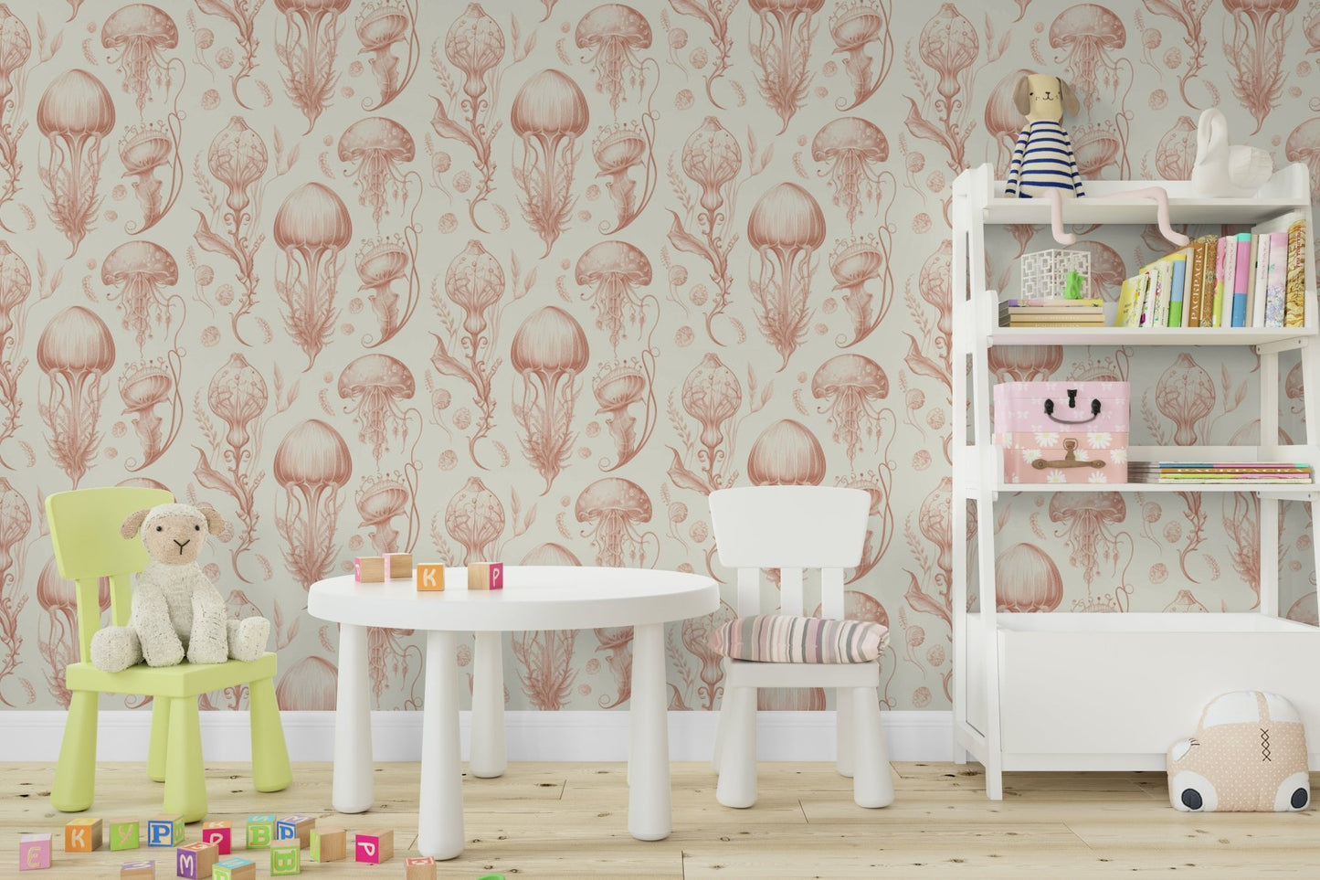 Subtle peach and cream jellyfish wallpaper for peaceful spaces

