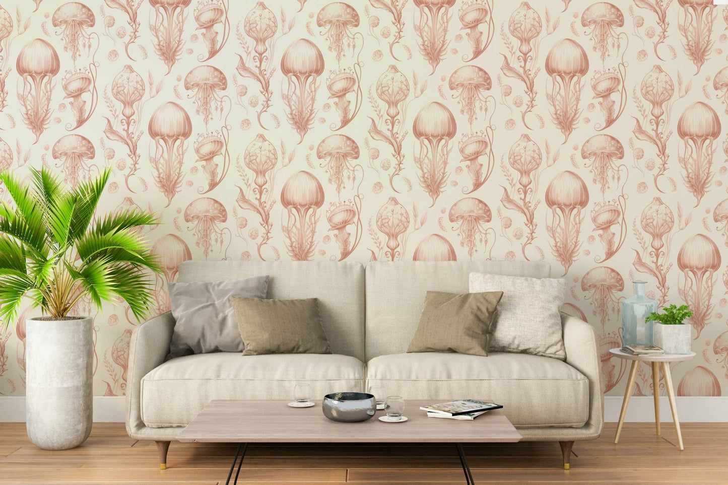Elegant jellyfish design wallpaper in peach and cream tones

