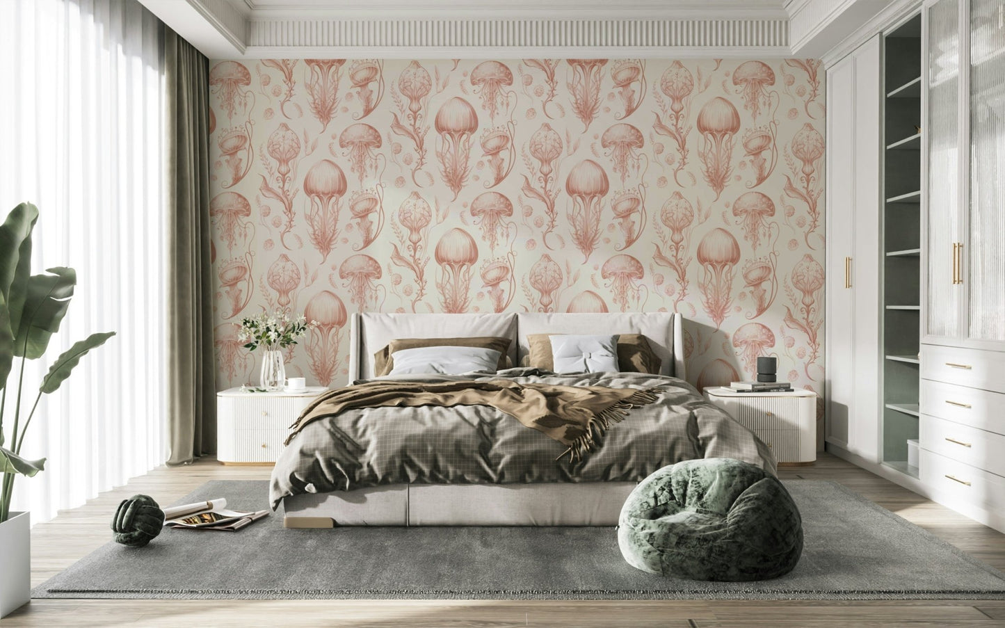 Living room with peaches & cream jellyfish wallpaper

