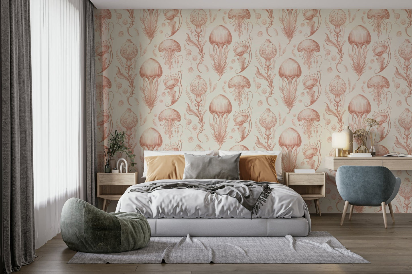 Graceful jellyfish in creamy hues on modern wallpaper

