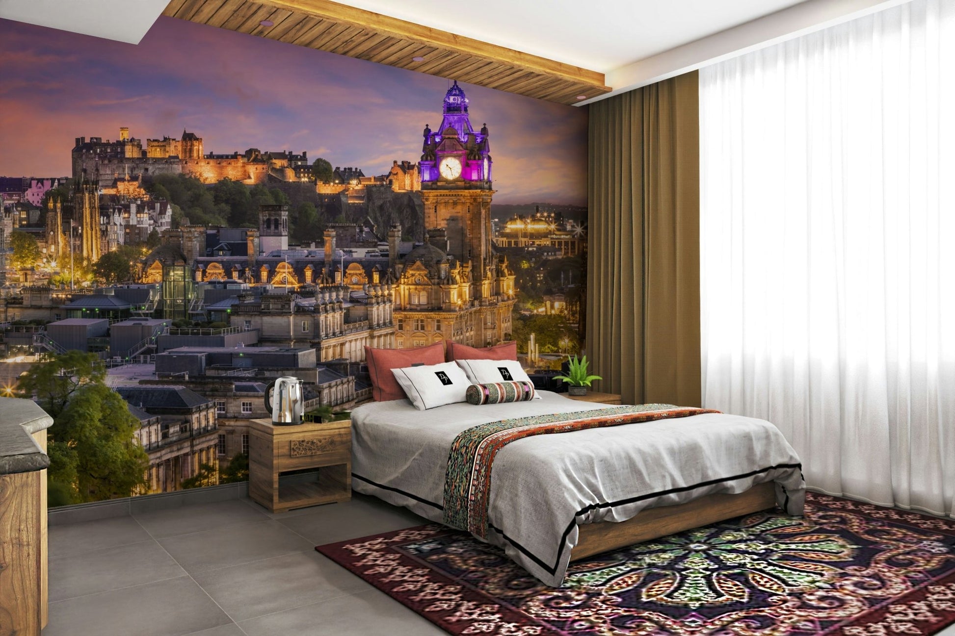 Evening skyline mural for lounge walls

