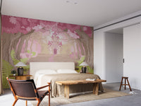 Pink forest wallpaper with a magical castle