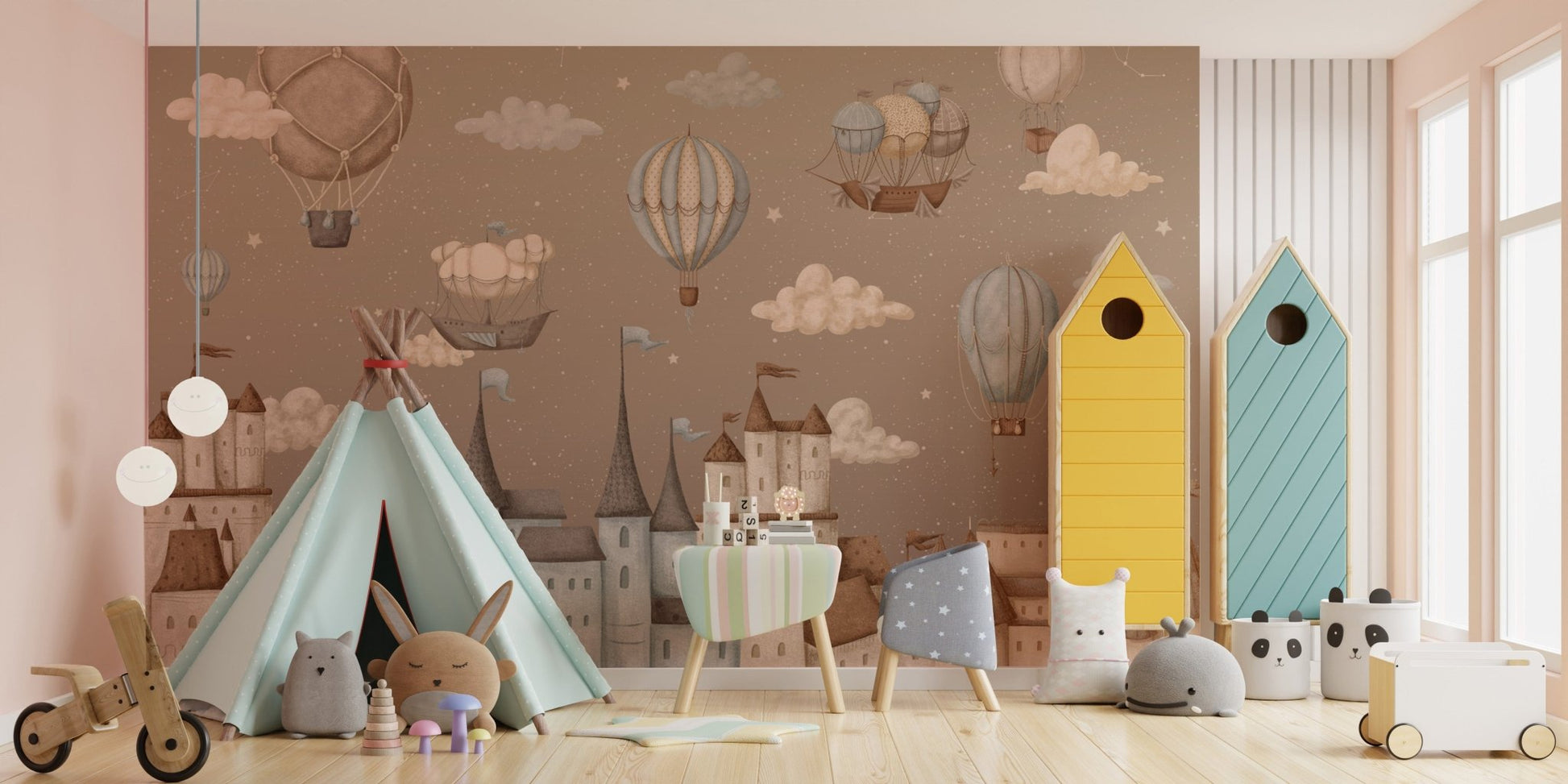 Dreamy castles hot air balloon mural
