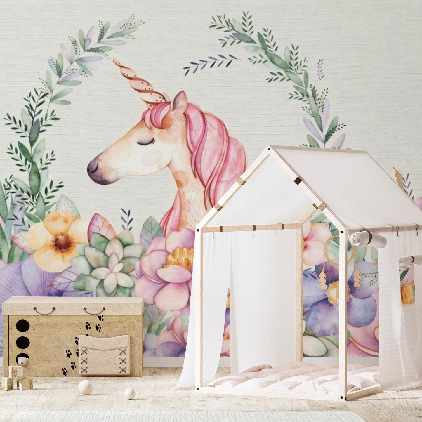 Enchanting Floral Unicorn Accent Wall
 B594