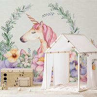 Enchanting Floral Unicorn Accent Wall
 B594