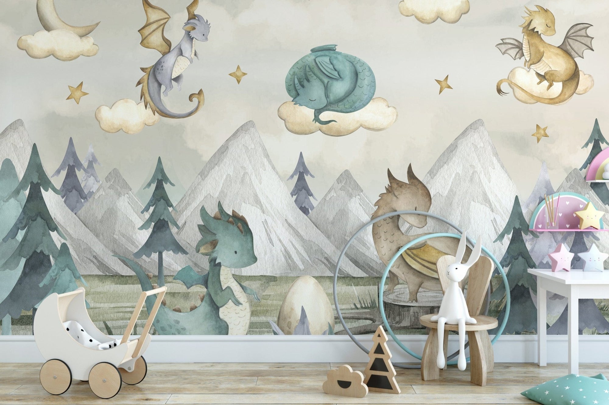 Dragon fantasy forest wallpaper mural with mountains, C42