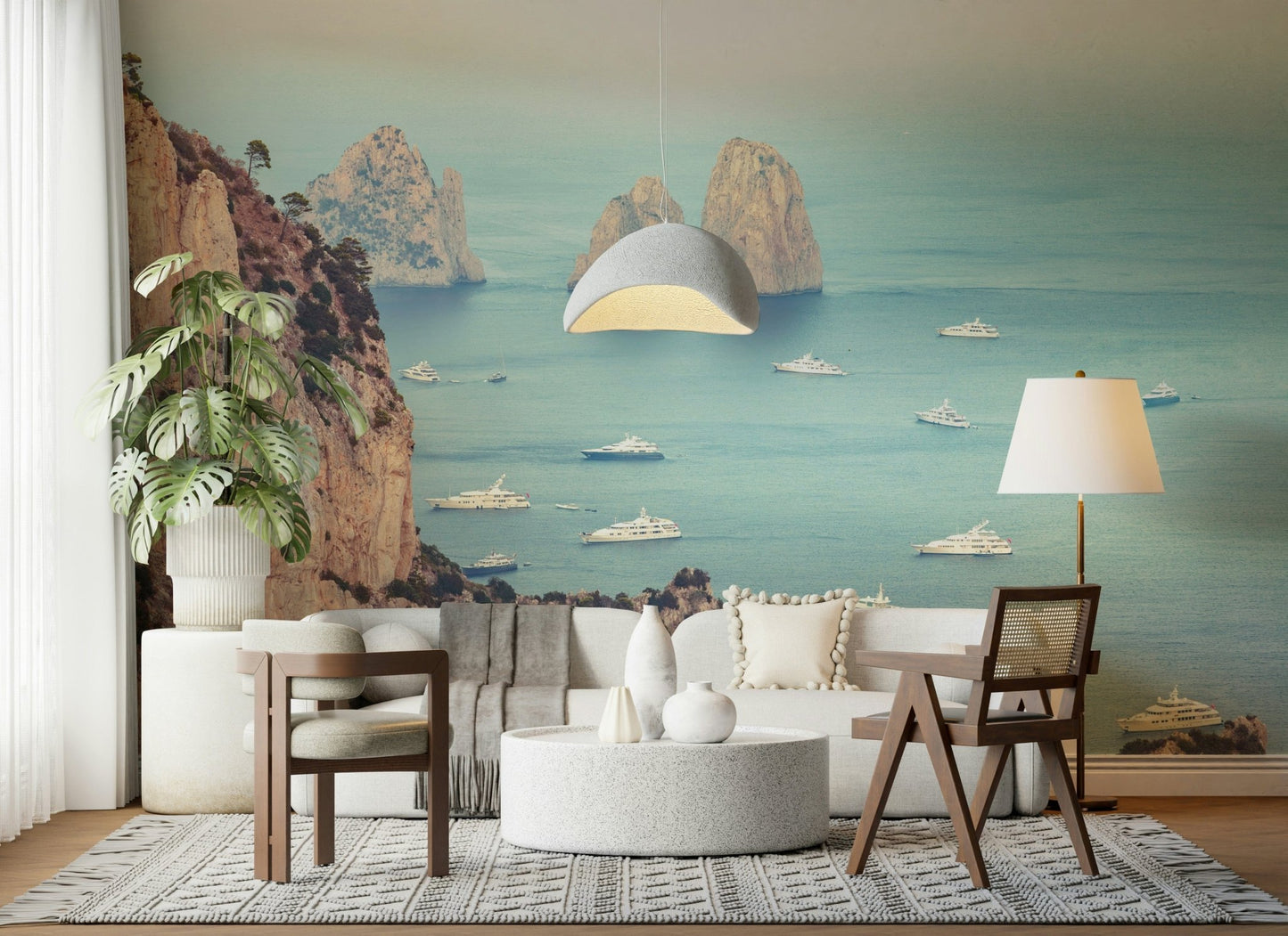 Panoramic ocean wallpaper art, majestic Faraglioni Cliffs backdrop.