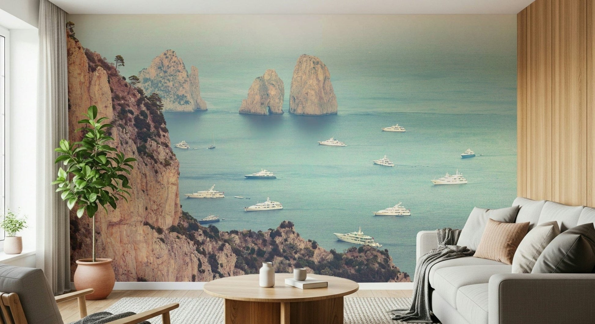Iconic Capri Faraglioni Cliffs wallpaper mural, stunning seascape view.