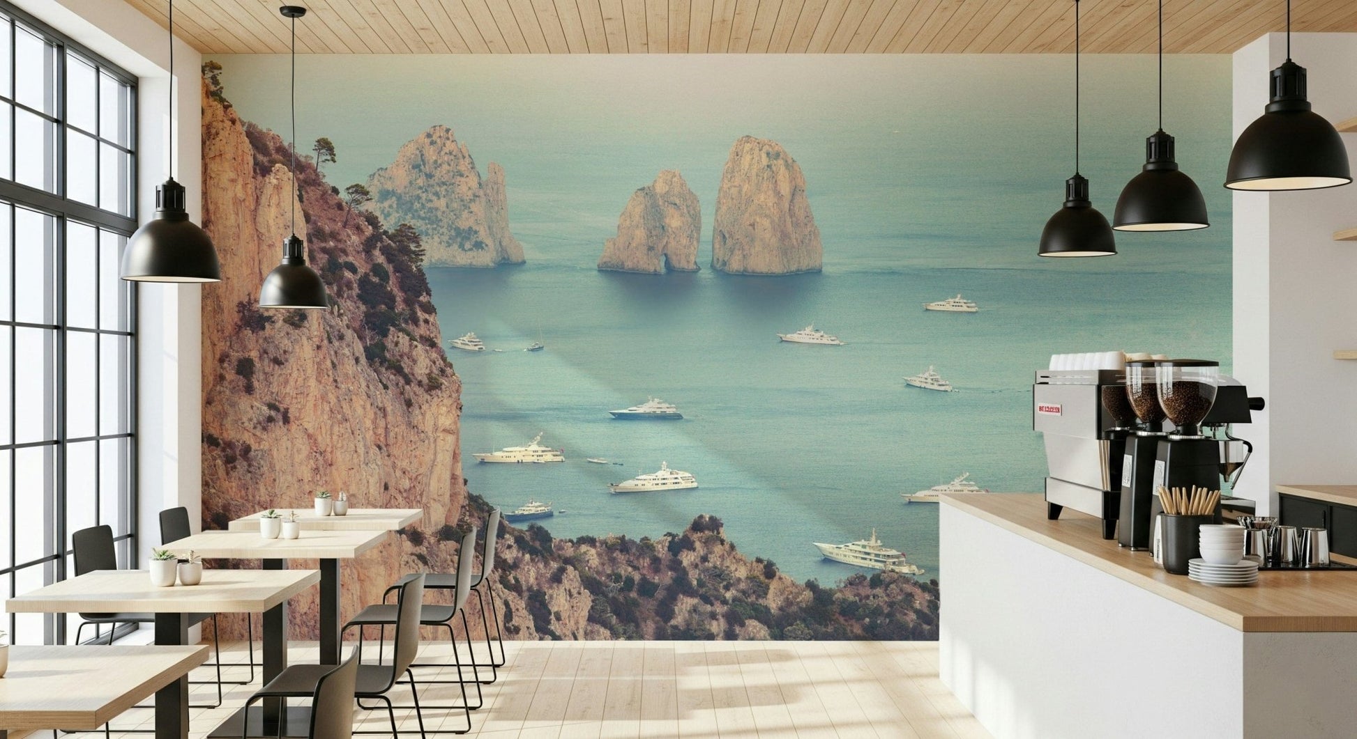 Italian coast photograph, dramatic Faraglioni Cliffs yacht display wall mural.