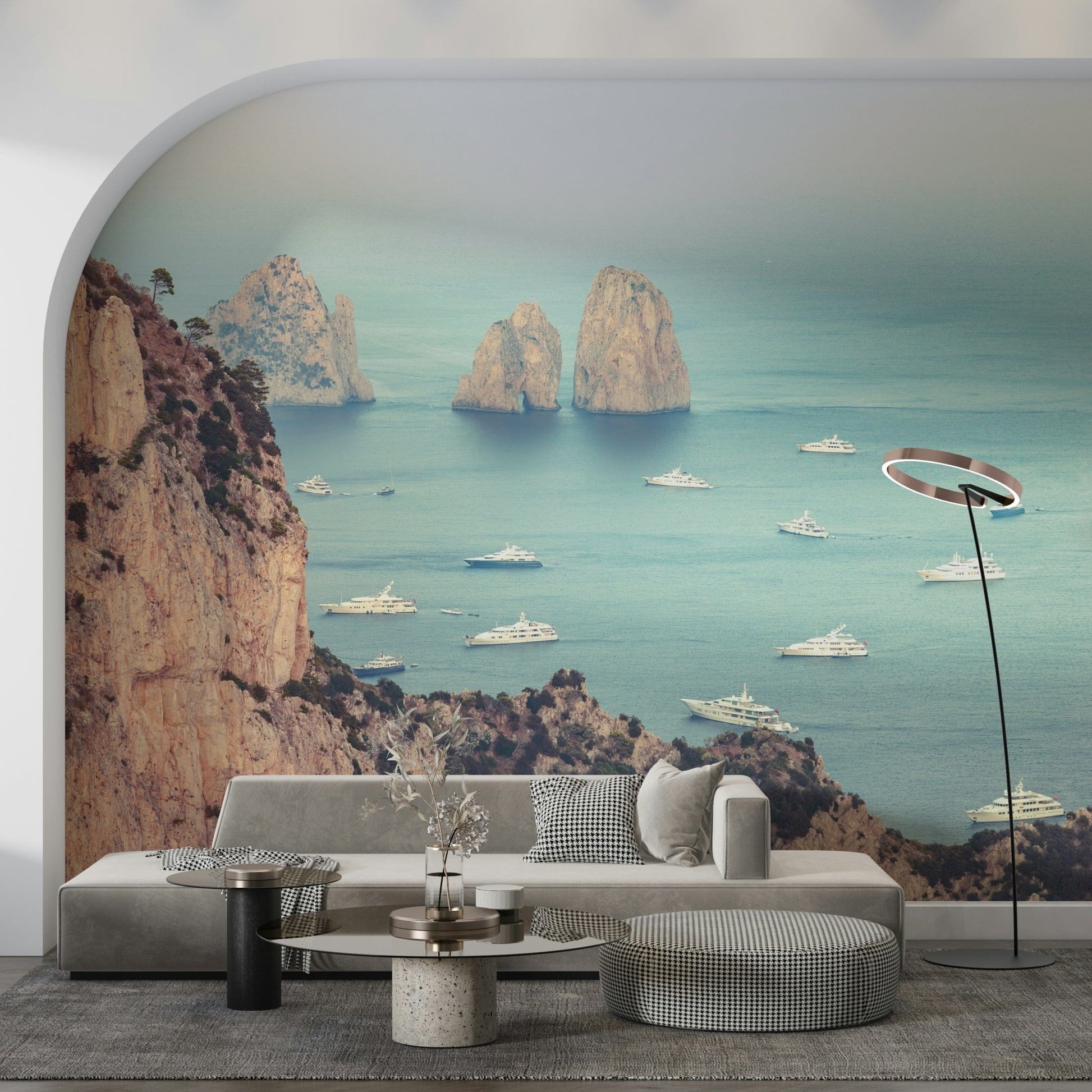 Coastal landscape wall mural, romantic Faraglioni Cliffs atmosphere.