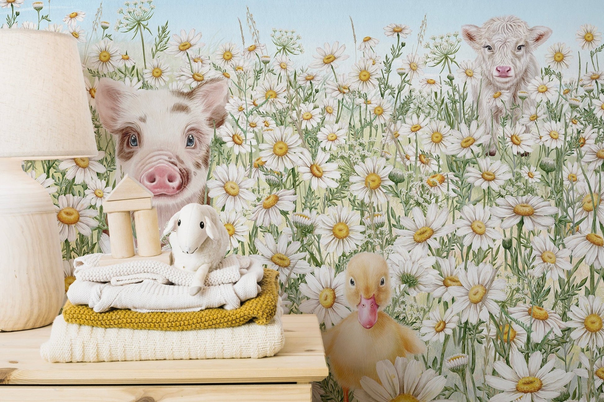 Adorable farm animals mural for children
