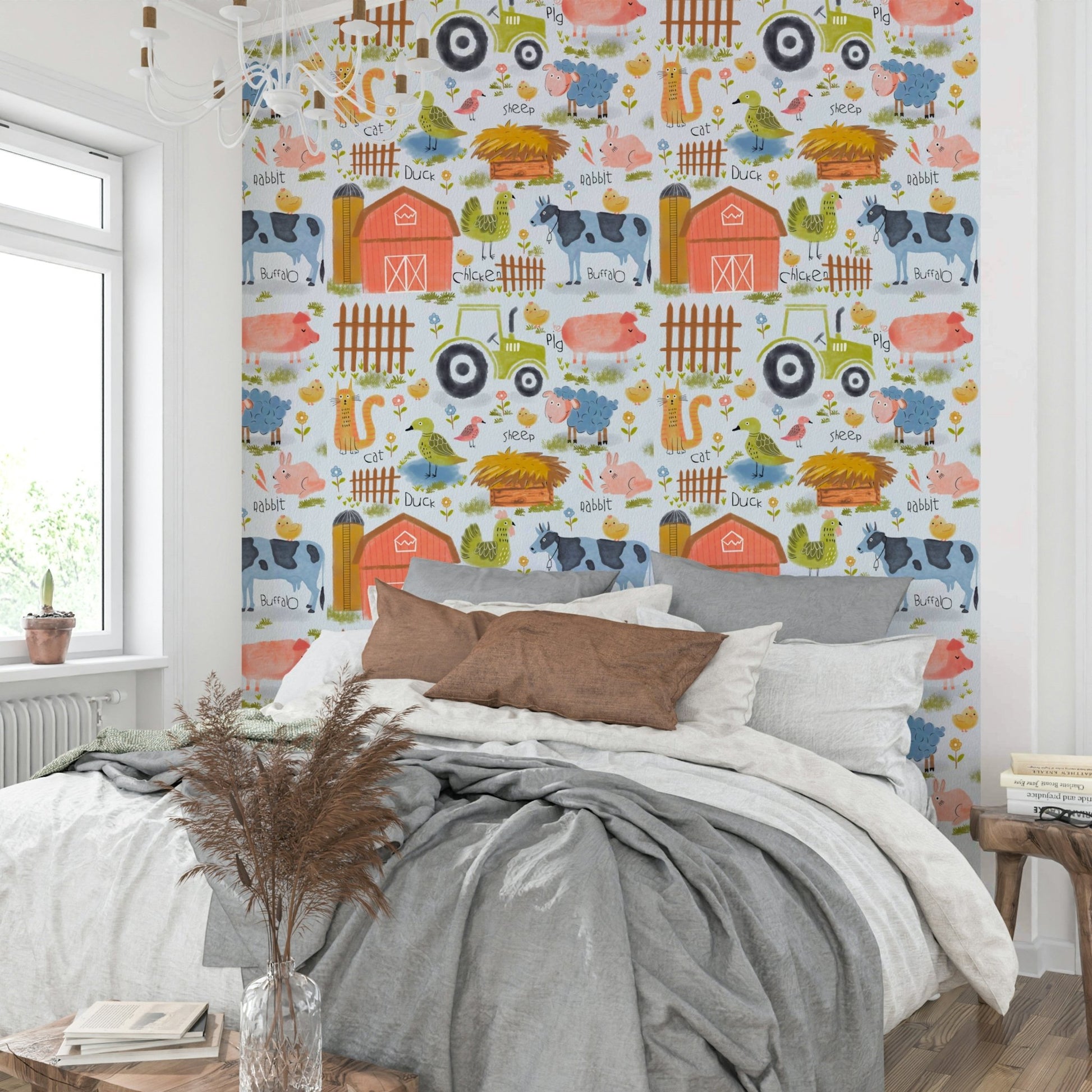 A beautiful whimsical farm scene wallpaper mural with friendly cartoon animals.