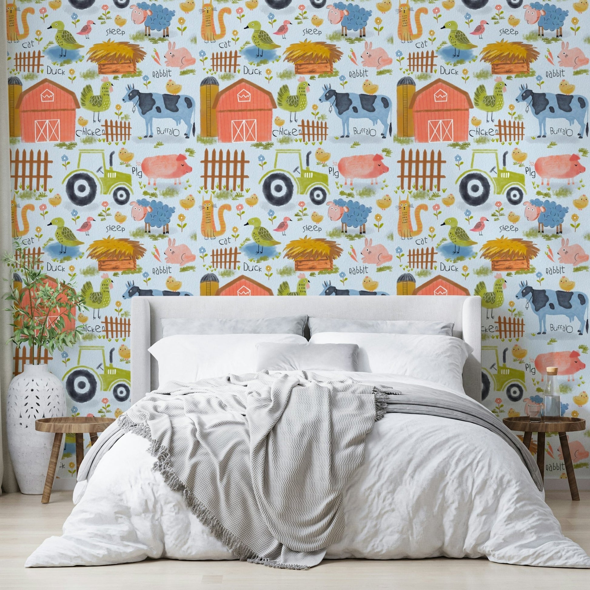 A peaceful modern abstract mural on decorative wallpaper.