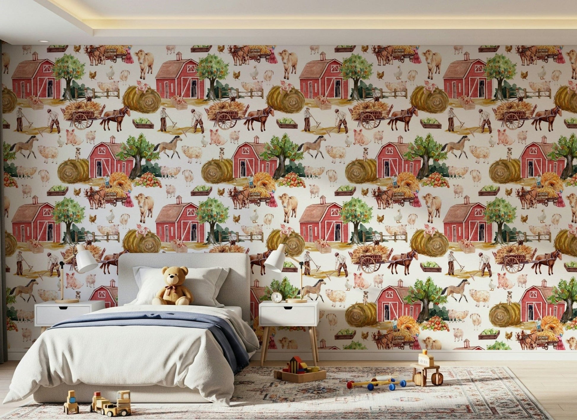 Farm Life Watercolor grazing cattle wallpaper for walls.