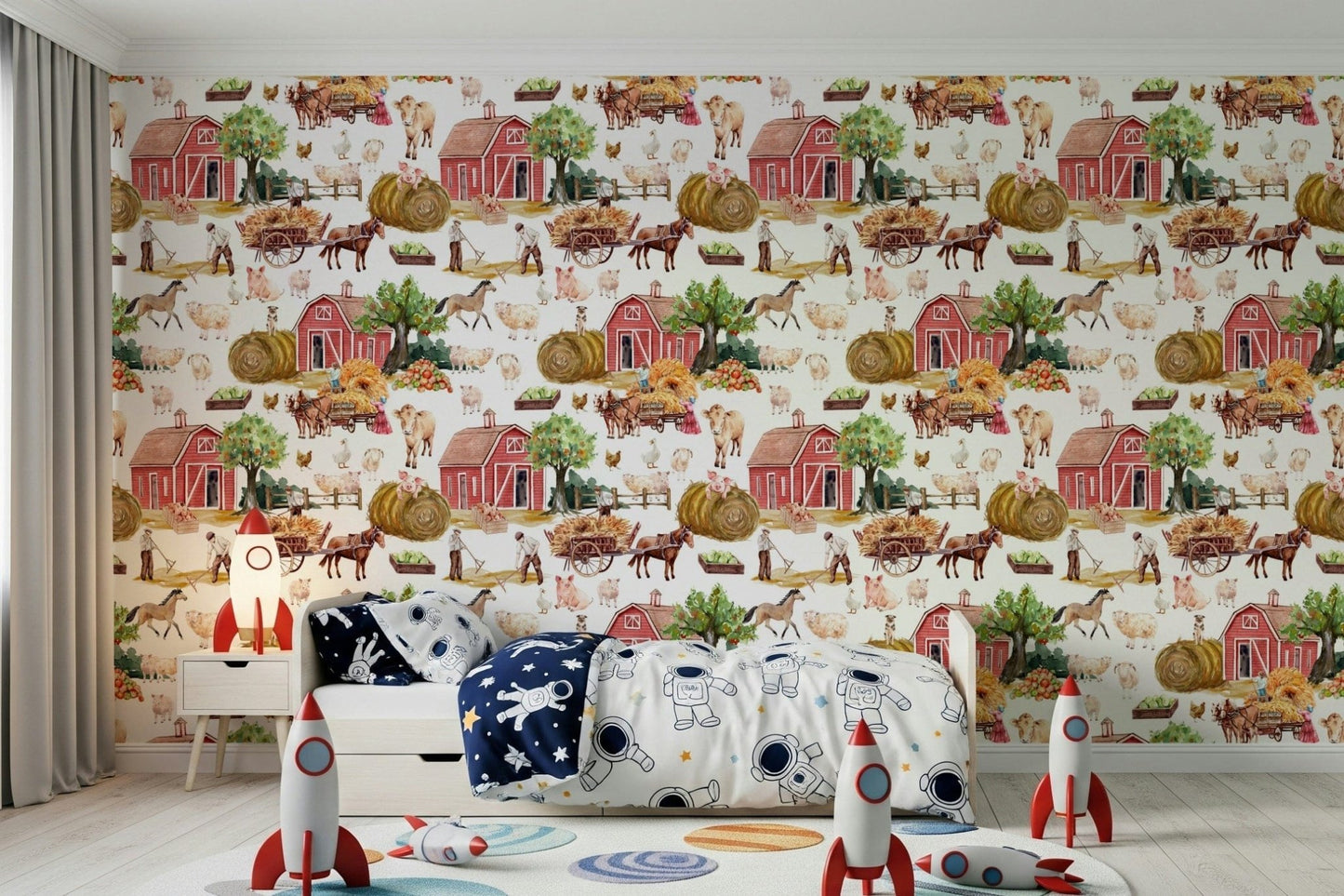 Farm Life Watercolor chicken coop wallpaper for walls.