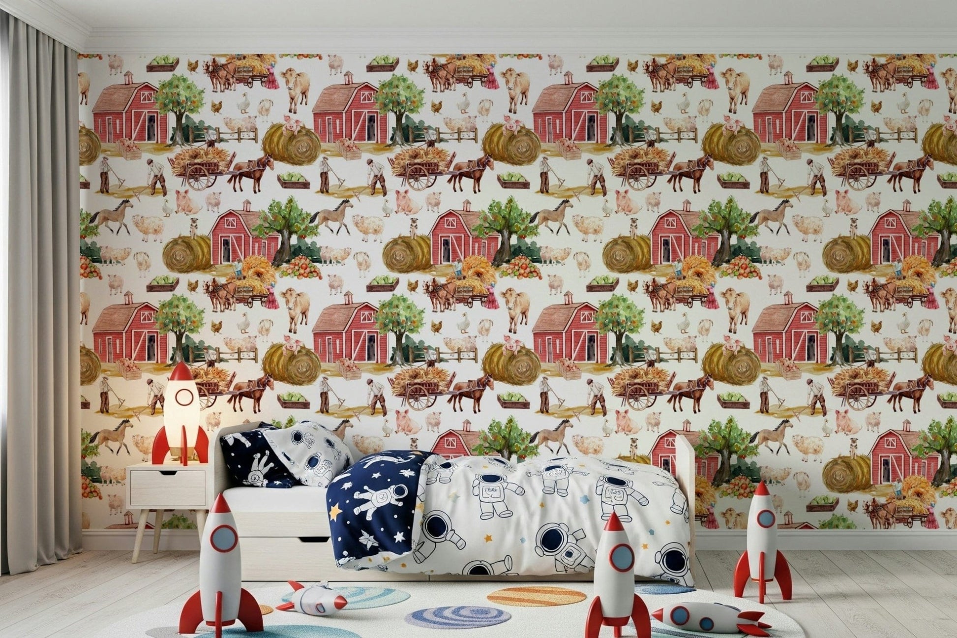 Farm Life Watercolor chicken coop wallpaper for walls.