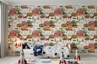 Farm Life Watercolor chicken coop wallpaper for walls.