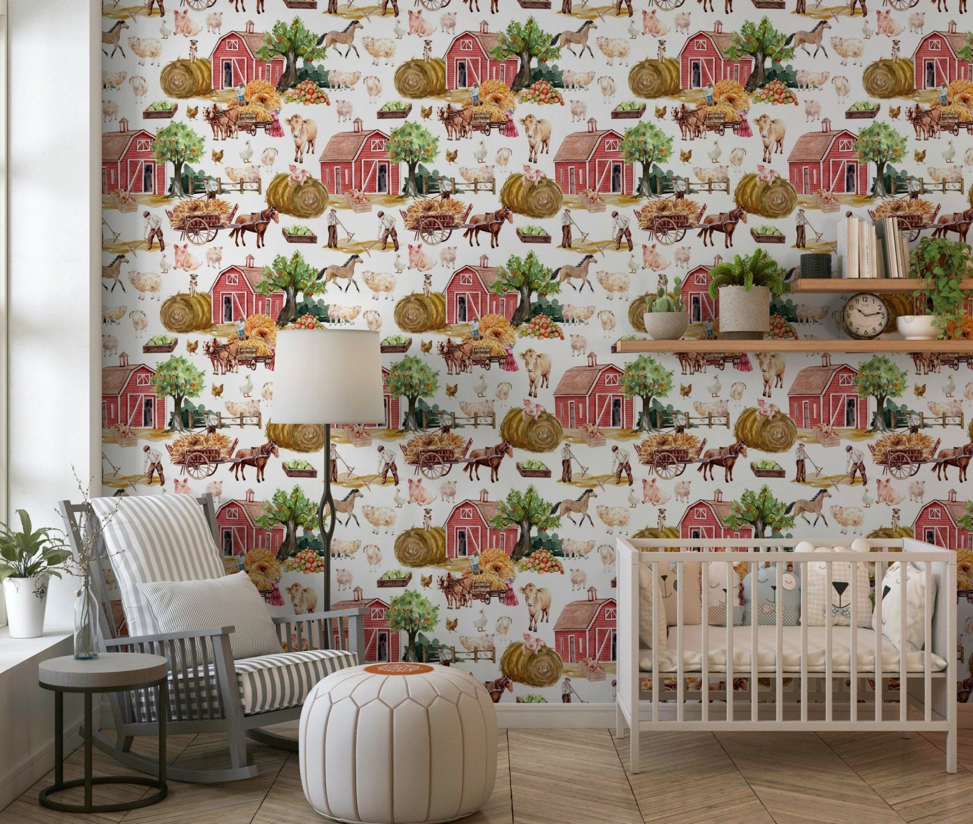 Farm Life Watercolor barn scene wallpaper for walls.