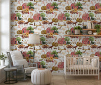 Farm Life Watercolor barn scene wallpaper for walls.