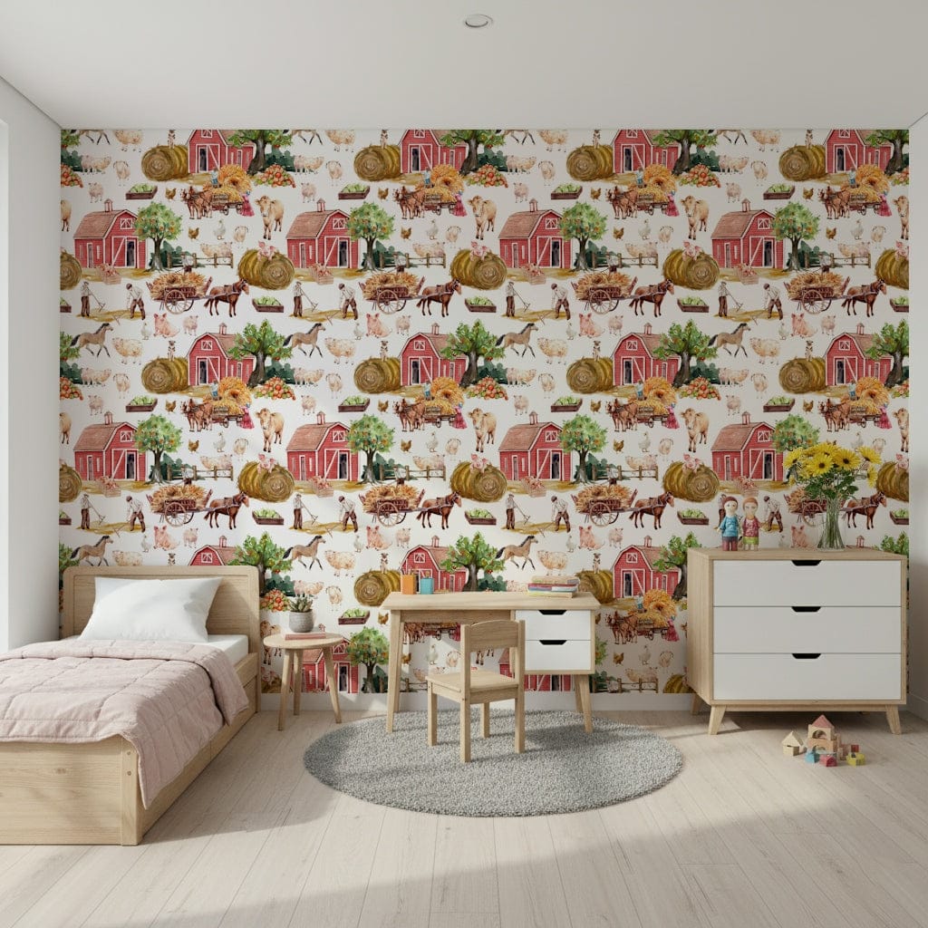 Rural meadow aesthetic Farm Life Watercolor wall mural.