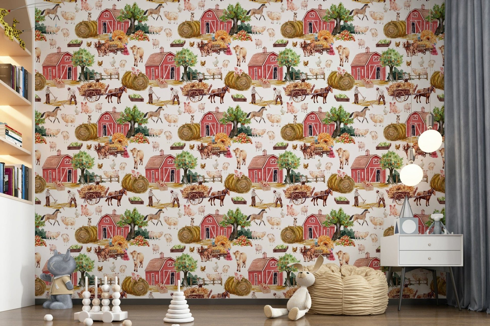 Farm Life Watercolor sheep and pig wallpaper for walls.