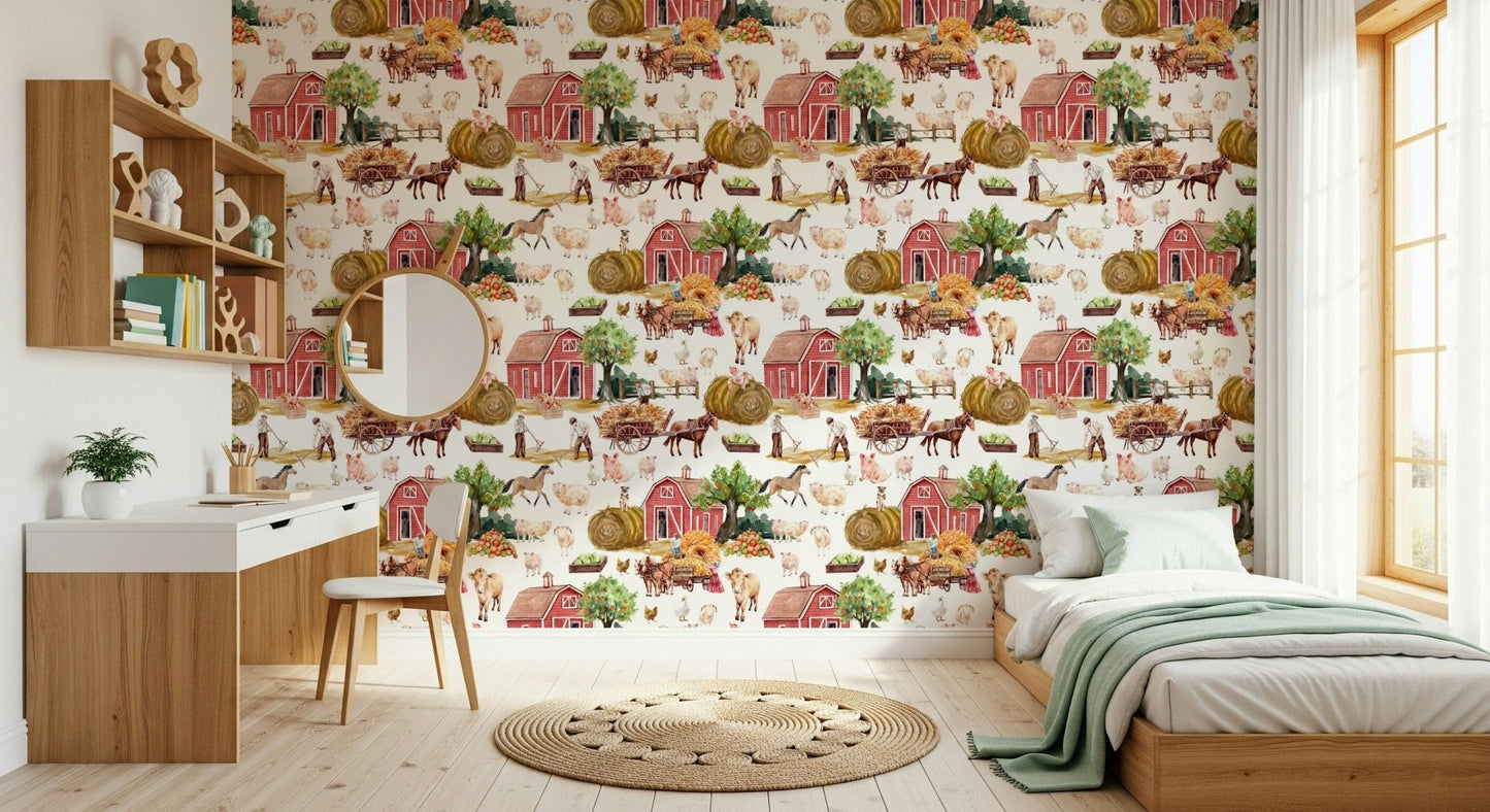 Hand-painted orchard Farm Life Watercolor peel stick wallpaper.