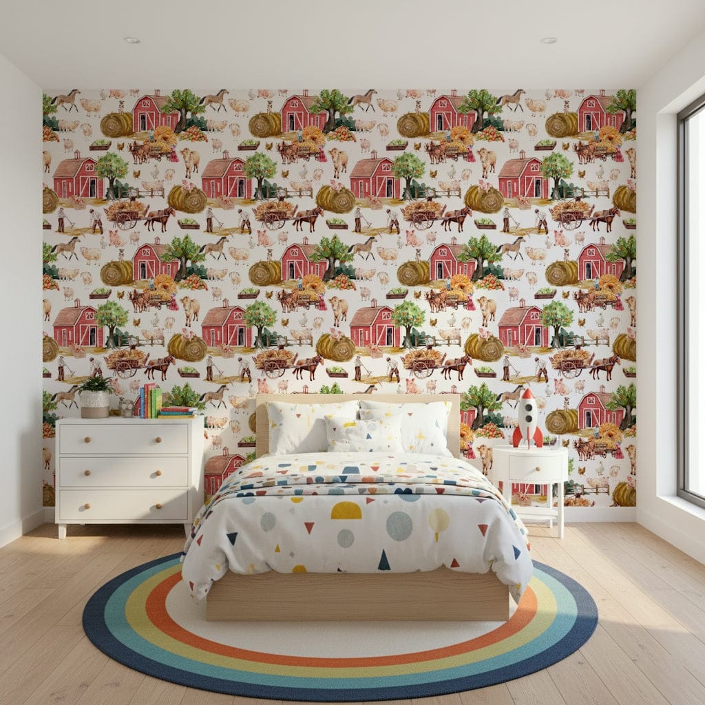 Countryside harvest pattern Farm Life Watercolor peel stick wallpaper.