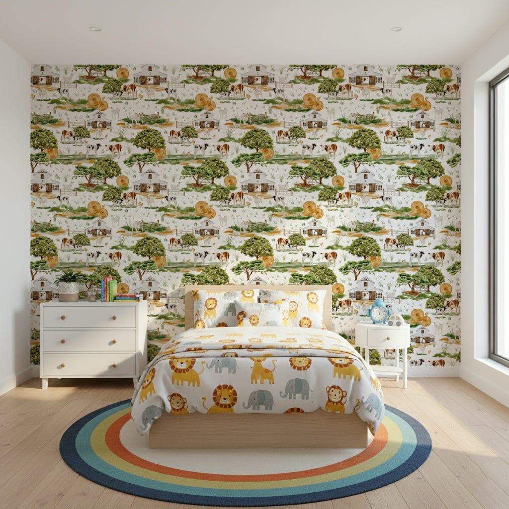 Nursery wall covering, adorable animals, Farmhouse Charm design.