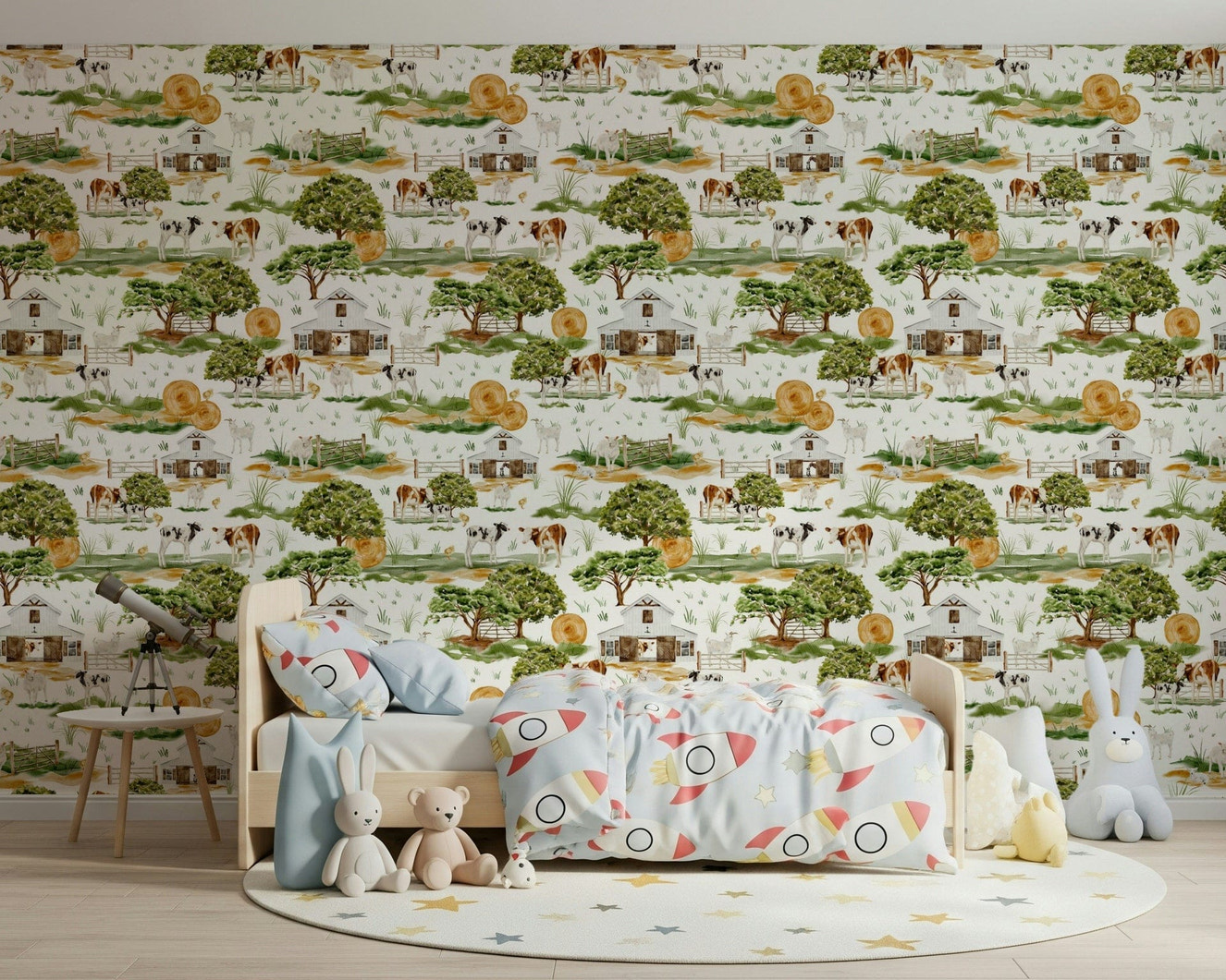 Country aesthetic Farmhouse Charm wallcovering with white barns.