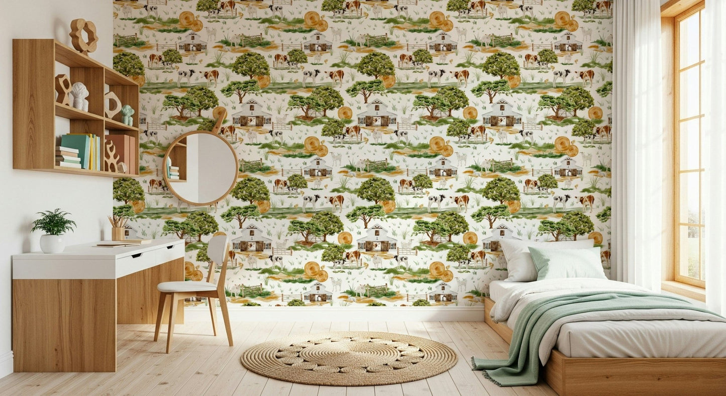 Farmhouse Charm accent wall paper, realistic animals, hayrolls.