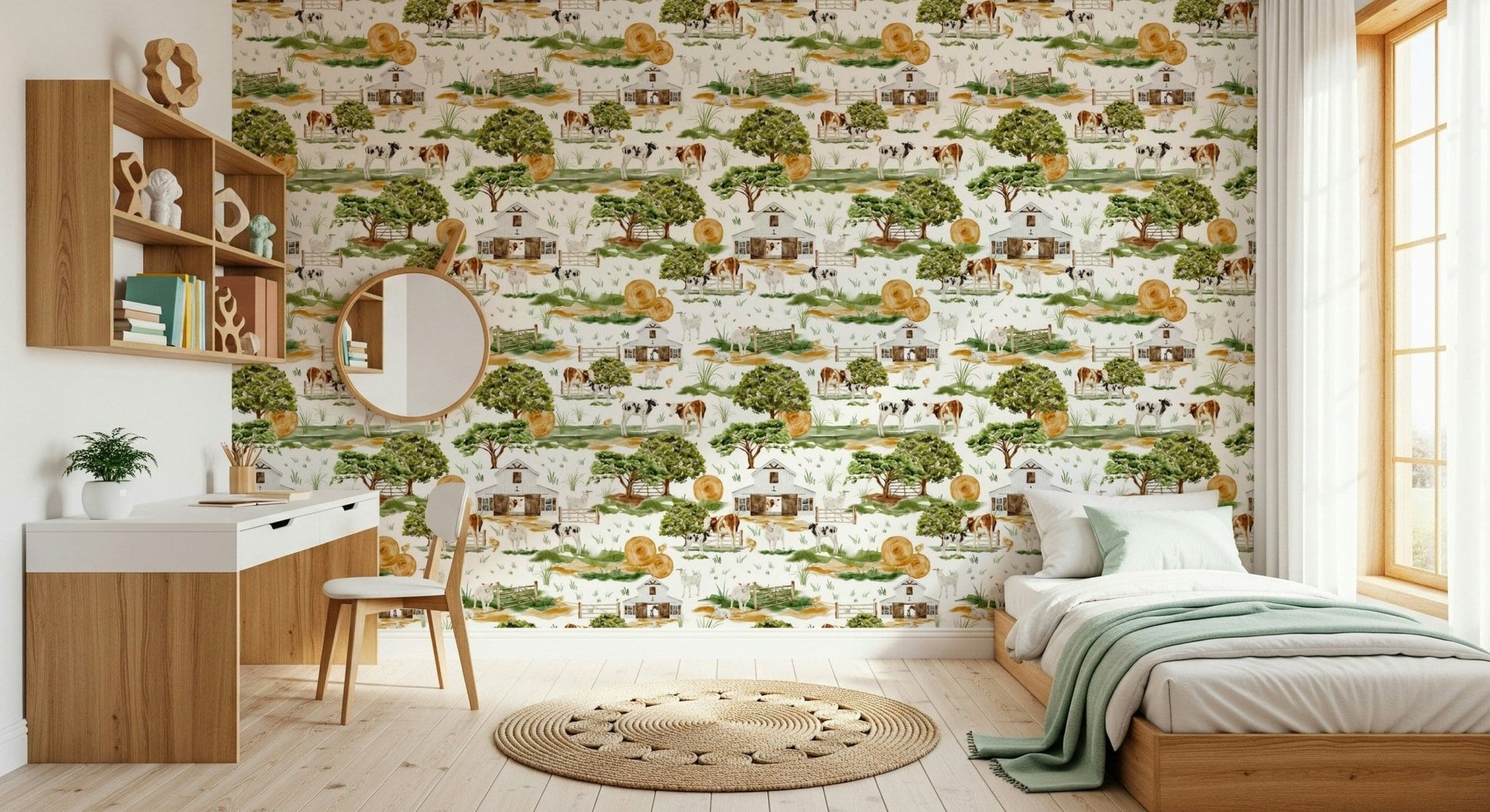 Farmhouse Charm accent wall paper, realistic animals, hayrolls.